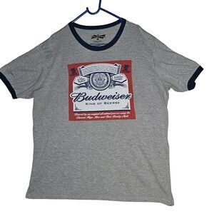 Budweiser Graphic T-Shirt Mens Size XL Gray Short Sleeve Blue Trim Ringer Tee